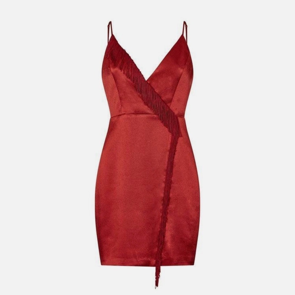 AIDEN MATTOX Red Liquid Satin Faux Wrap Fringe Trim Dress Party Cocktail NWT 0